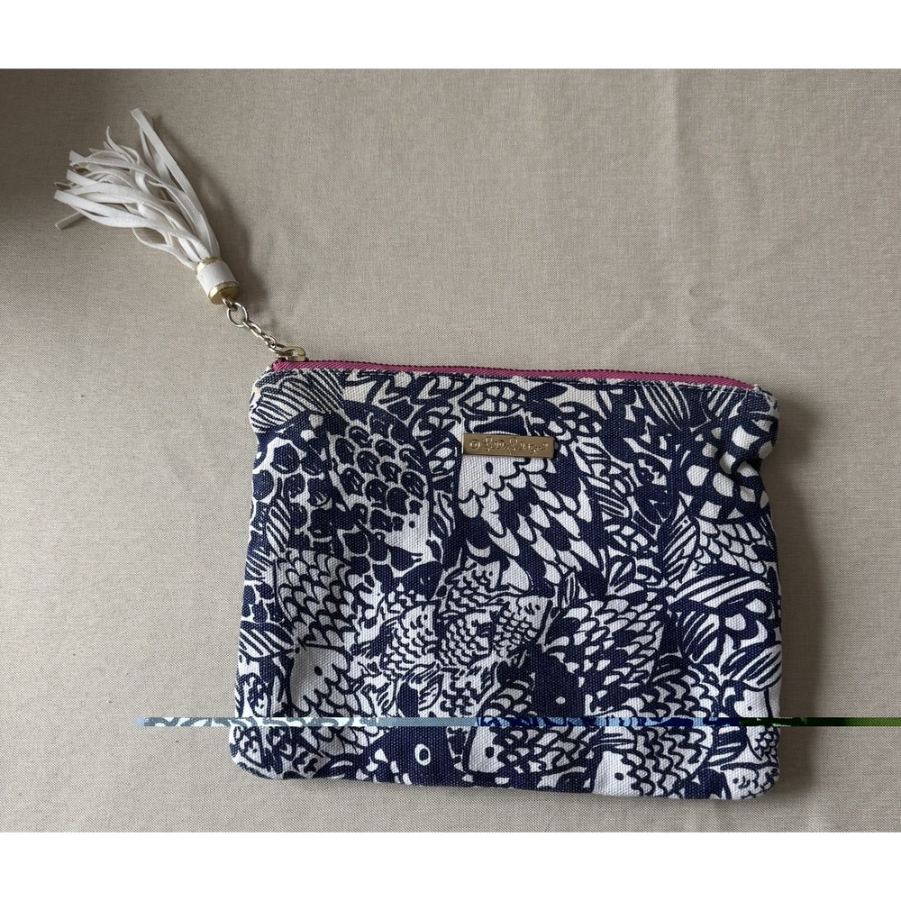 Lilly Pulitzer Navy Blue White Fish Print Tassel Pouch Cosmetic Bag Cotton
